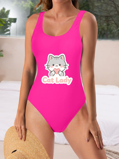 Unique "Cat Lady" Graphic One Piece Swimsuit, Trendy Outfit for Beach Pool & Vacation