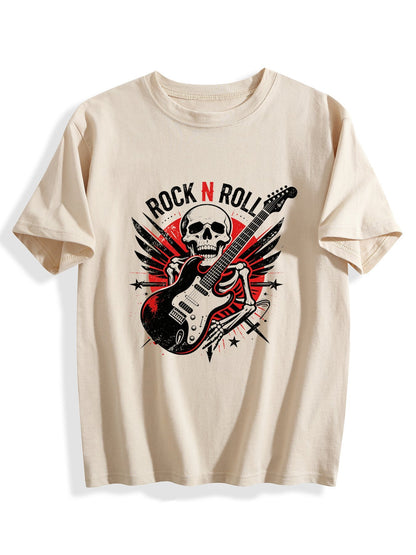 180g Pure Cotton Teenagers "ROCK N ROLL" Graphic Casual Cotton Tee for Boys Girls