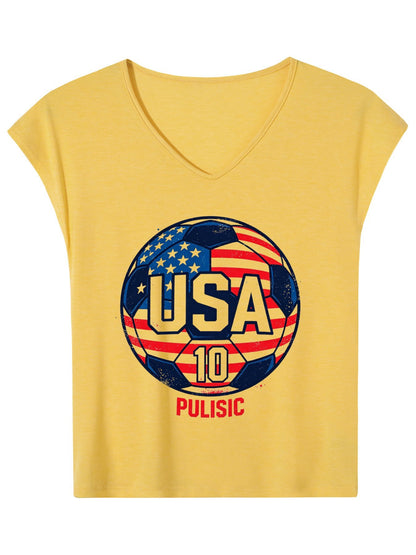 V-neck Sleeveless T-Shirt, Women's World Cup USA Soccer Graphic T-Shirt, USA Casual Cotton Tee