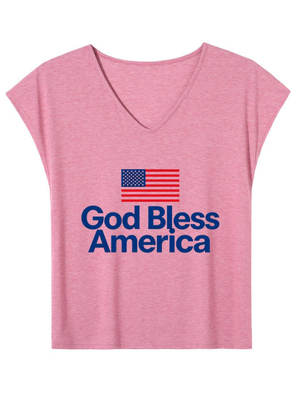 V-neck Sleeveless T-Shirt, Women's USA 250th.  "God Bless America" Graphic T-Shirt, USA Casual Cotton Tee