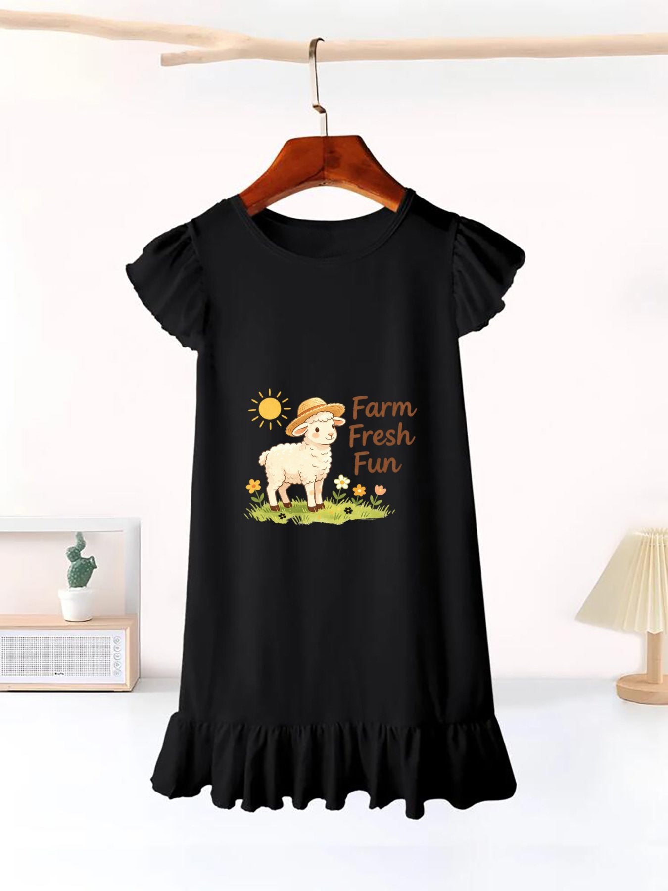 Cute "Farm Fresh Fun" Graphic Flutter Sleeve Dress, Soft Cotton Outfit for Girls Daily & Party