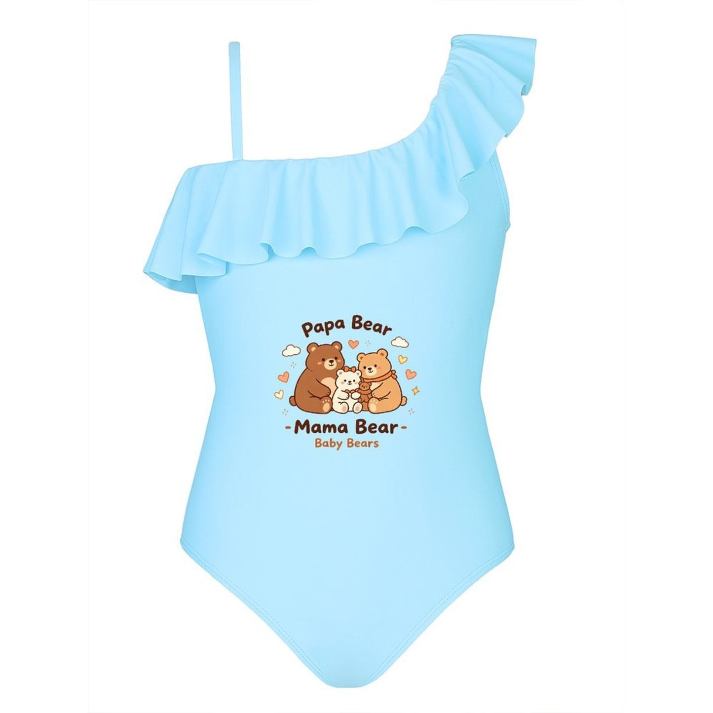 "Family Bear" Printed Ruffled One Piece Swimsuit, Cute Summer Bathing Suit for Girls Beach Pool Party