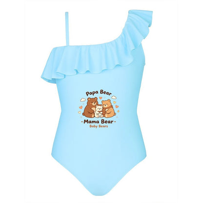 "Family Bear" Printed Ruffled One Piece Swimsuit, Cute Summer Bathing Suit for Girls Beach Pool Party