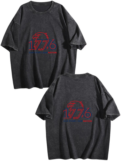 230g Pure Cotton Double-sided Print Adult's USA 250th "1776" Graphic Washed T-Shirt, Casual Cotton Tee for Daily Wear