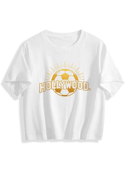 180g Pure Cotton Women's World Cup City "HollyWood" Graphic T-Shirt,  Casual Cotton Tee for Daily Wear