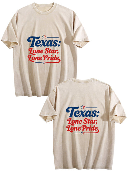 230g Pure Cotton Double-sided Print Adult's USA 250th. Texas Pride Graphic Washed T-Shirt, Casual Cotton Tee for Daily Wear