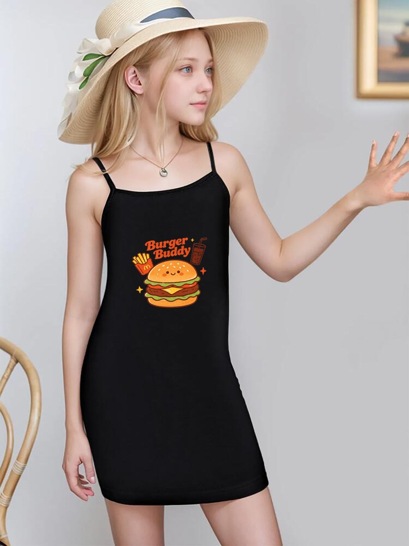 Cute Graphic Spaghetti Strap Dress, Soft Fabric Summer Outfit for Little Girls