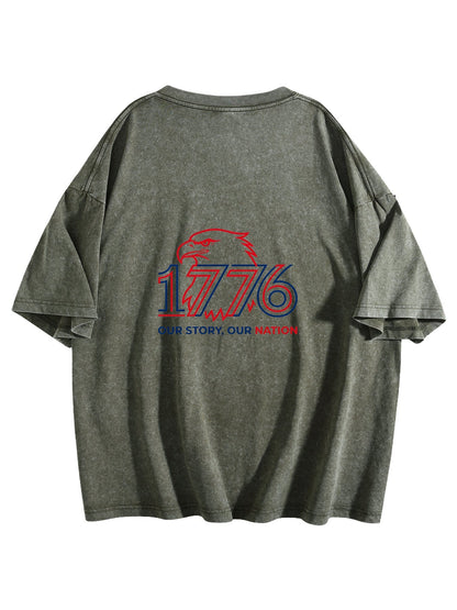 230g Pure Cotton Double-sided Print Adult's USA 250th "1776" Graphic Washed T-Shirt, Casual Cotton Tee for Daily Wear