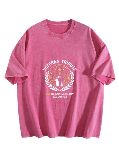 230g Pure Cotton Double-sided Print Adult's Patritic "Veteran Tribute" Graphic Washed T-Shirt, Casual Cotton Tee for Daily Wear