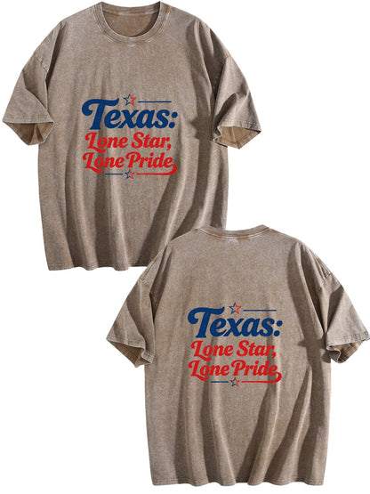 230g Pure Cotton Double-sided Print Adult's USA 250th. Texas Pride Graphic Washed T-Shirt, Casual Cotton Tee for Daily Wear
