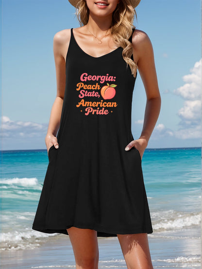 Women's Graphic Strap Dress, Casual Sleeveless Summer Dress with USA 250th. State Pride Graphic Printed