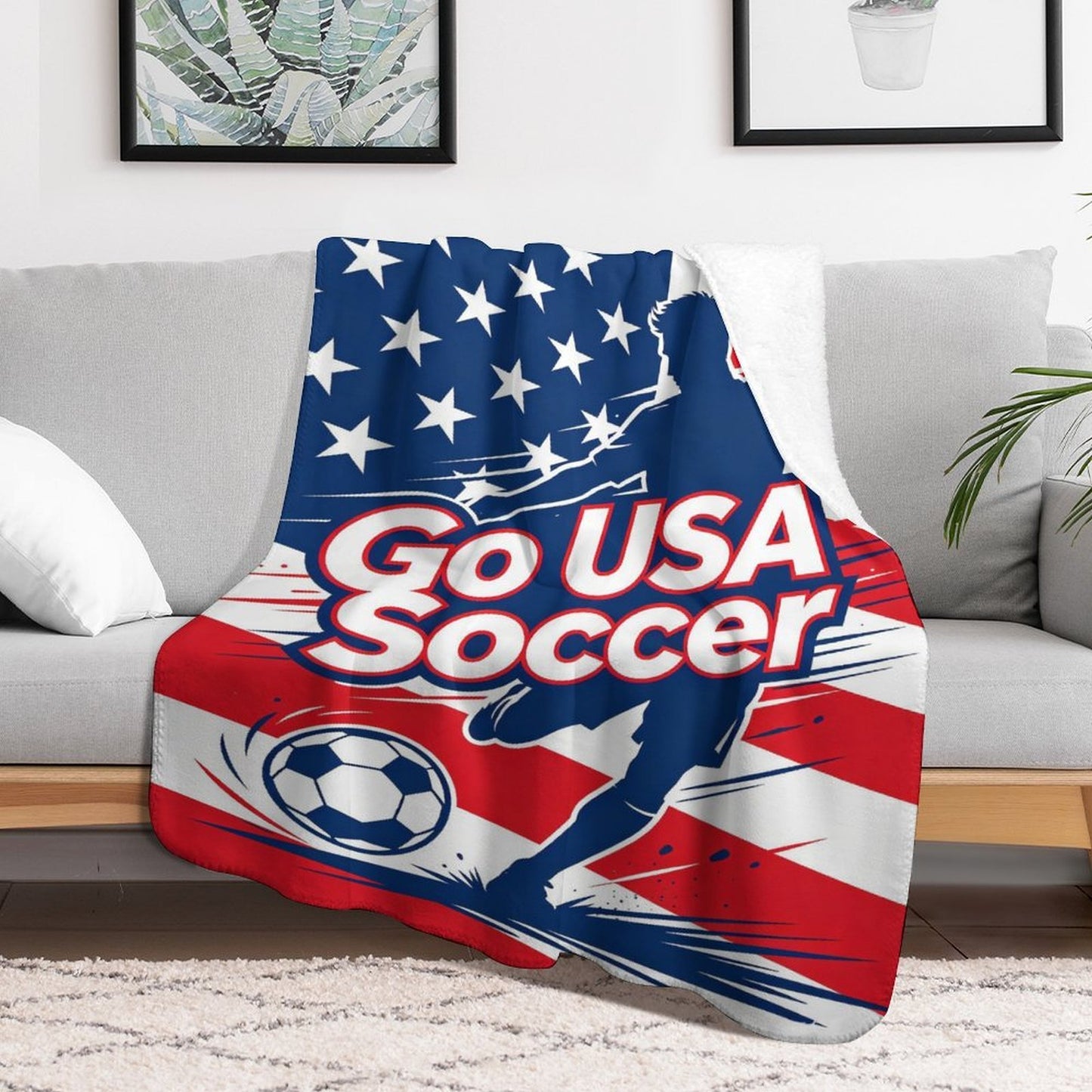 30"x 40" 280gsm Flannel + 220gsm Sherpa Fleece Blanket World Cup"GO USA SOCCER" Graphic Blanket, Soft Cover for Daily Use