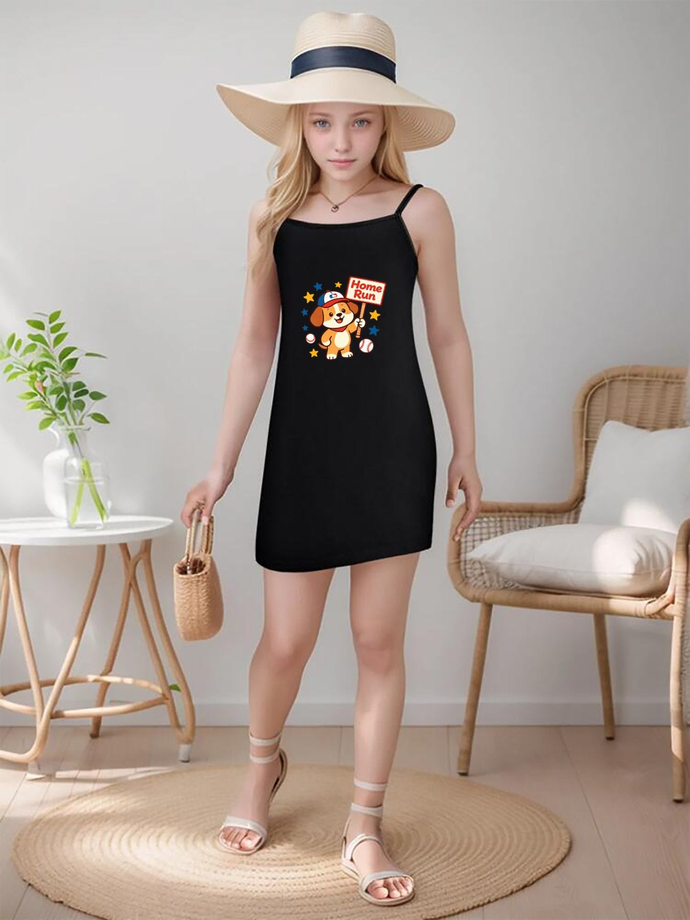 Cute Graphic Spaghetti Strap Dress, Soft Fabric Summer Outfit for Little Girls