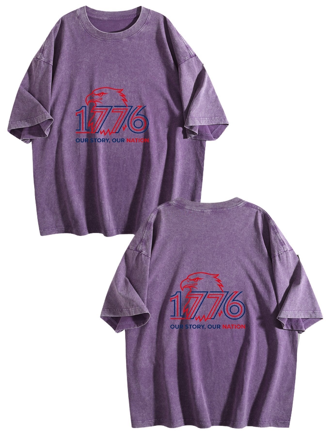 230g Pure Cotton Double-sided Print Adult's USA 250th "1776" Graphic Washed T-Shirt, Casual Cotton Tee for Daily Wear