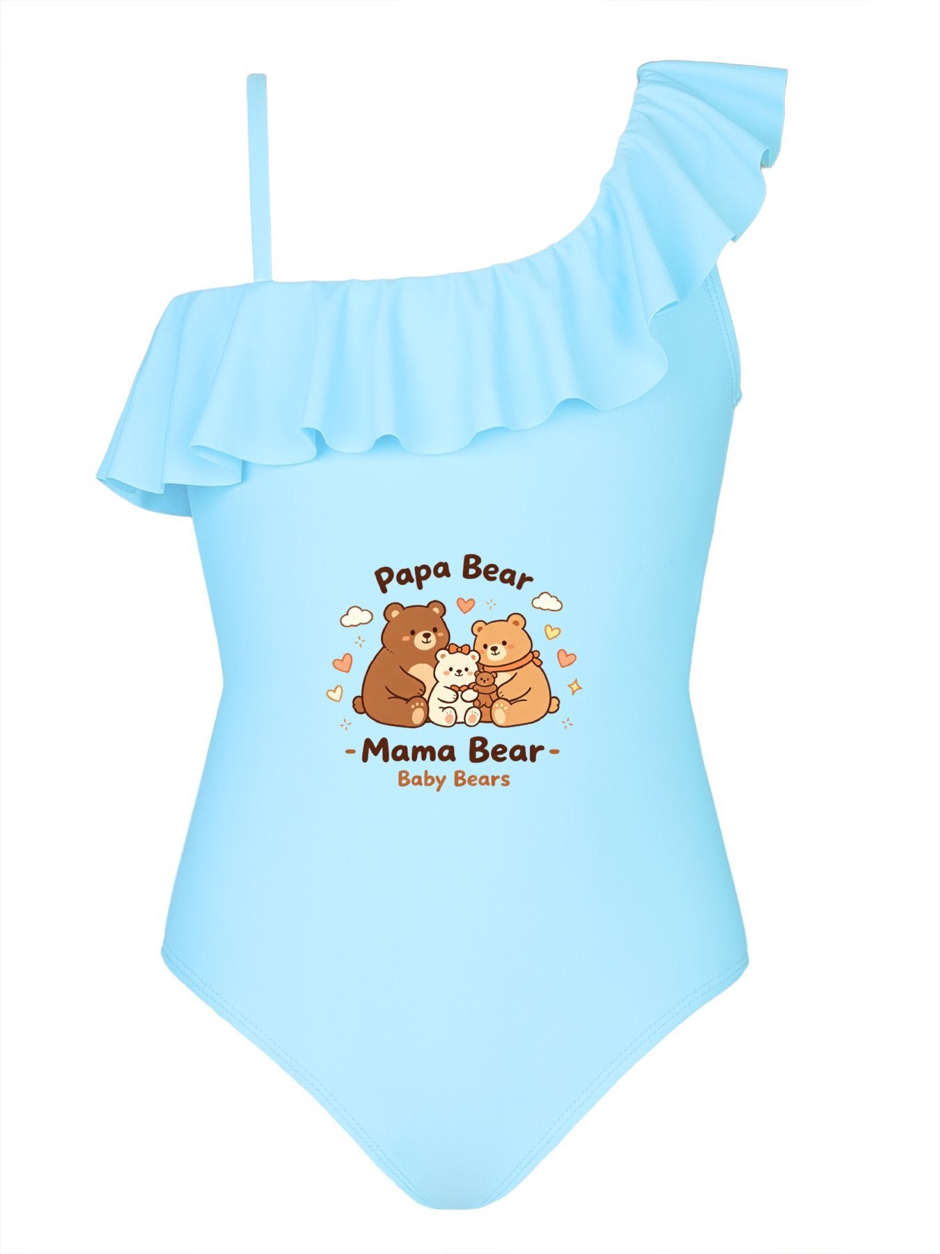 "Family Bear" Printed Ruffled One Piece Swimsuit, Cute Summer Bathing Suit for Girls Beach Pool Party